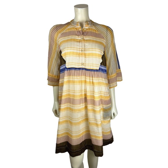 Julia June Printed Stripe Popover Dress 36 S Pockets Button Peasant Boho Womens
